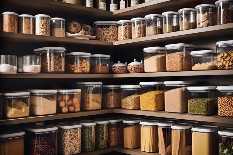 A view of an organized small pantry in a kitchen