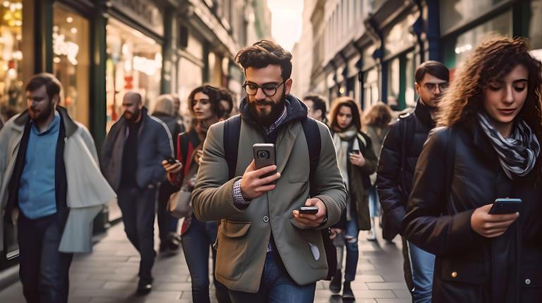A view of a man in a group of people who are shopping and looking at their phones while walking down a street. 