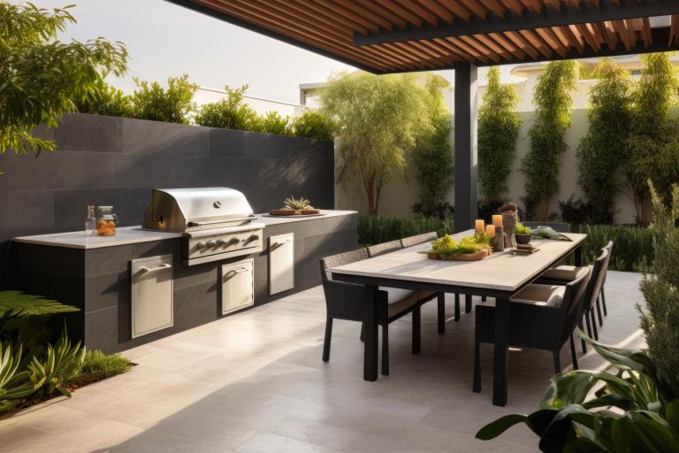 A view of an outdoor kitchen with patio furniture and appliances